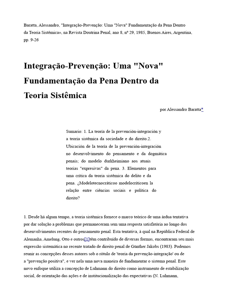 BARATTA - Integração-Prevenção - Uma Nova Fundamentação Da Pena Dentro ...