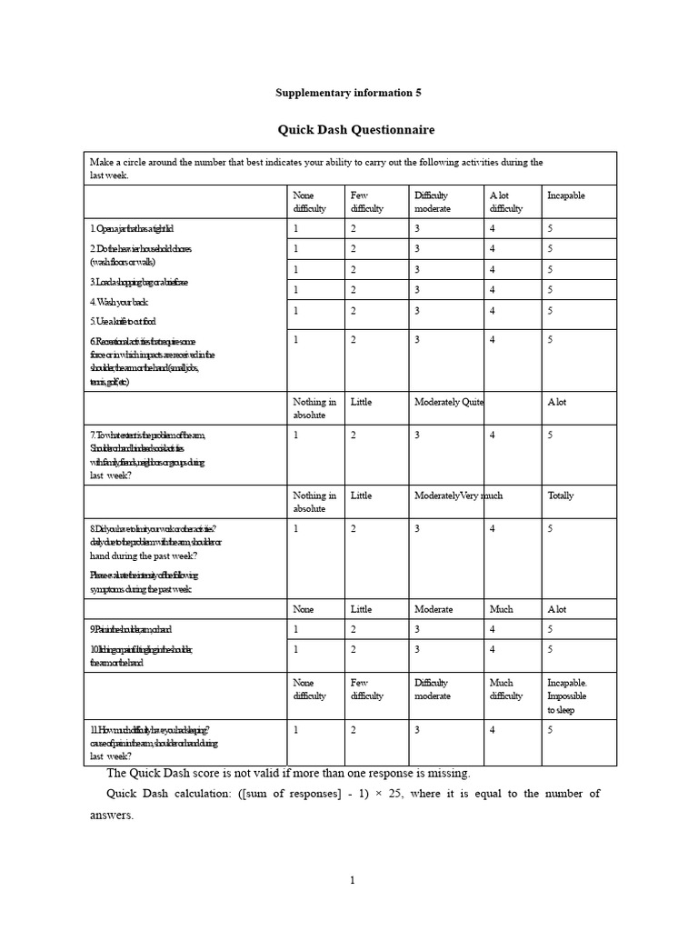 Quick Dash Questionnaire for Arm Pain Assessment | PDF