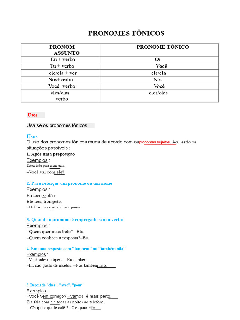 Guia Completo sobre Pronomes Tônicos | PDF | Pronome | Assunto (gramática)