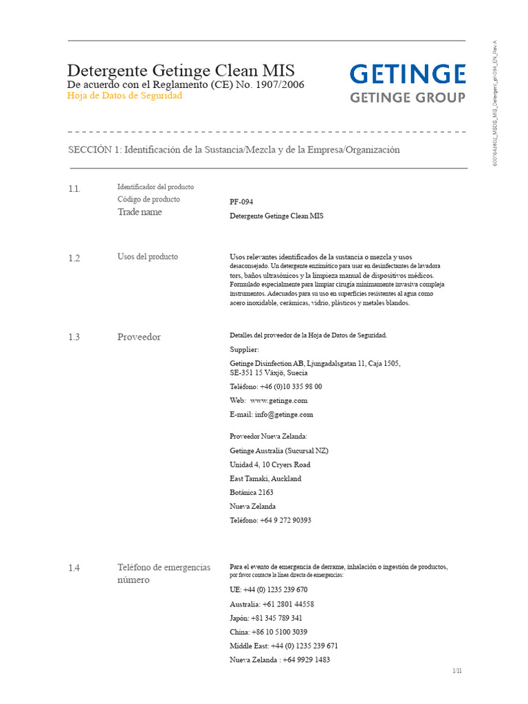 Detergente Enzimático Getinge Clean MIS | PDF | Detergente | Materiales