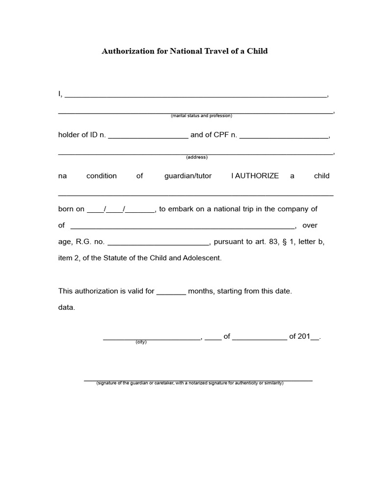 Authorization Model For Domestic Travel of A Child - Responsible Party ...