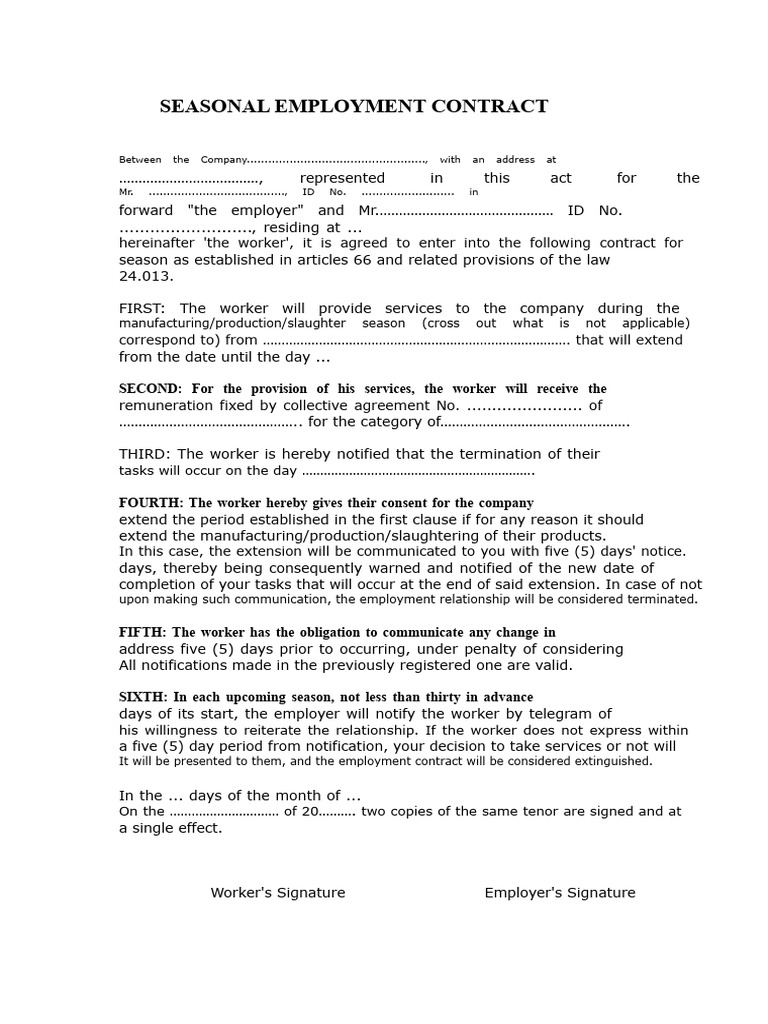 Seasonal Employment Contract Template | PDF | Private Law | Business Law