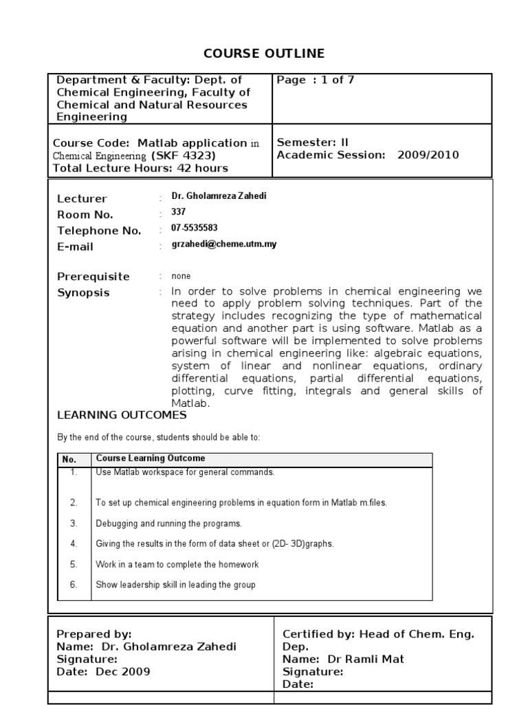 Matlab In Chemical Engineering Course Pdf Matrix Mathematics Matlab