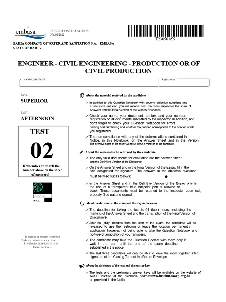 CIVIL ENGINEER EXAM - EMBASA 2022 | PDF | Valve | Plastic