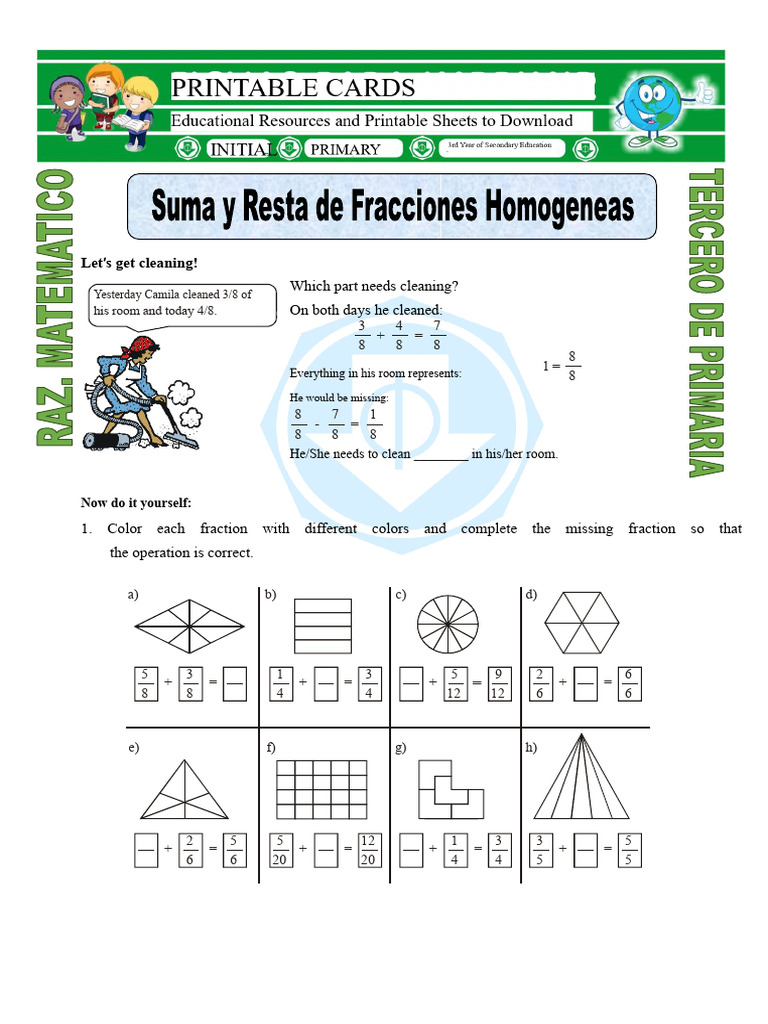 Worksheet on Addition and Subtraction of Like Fractions for Third Grade ...