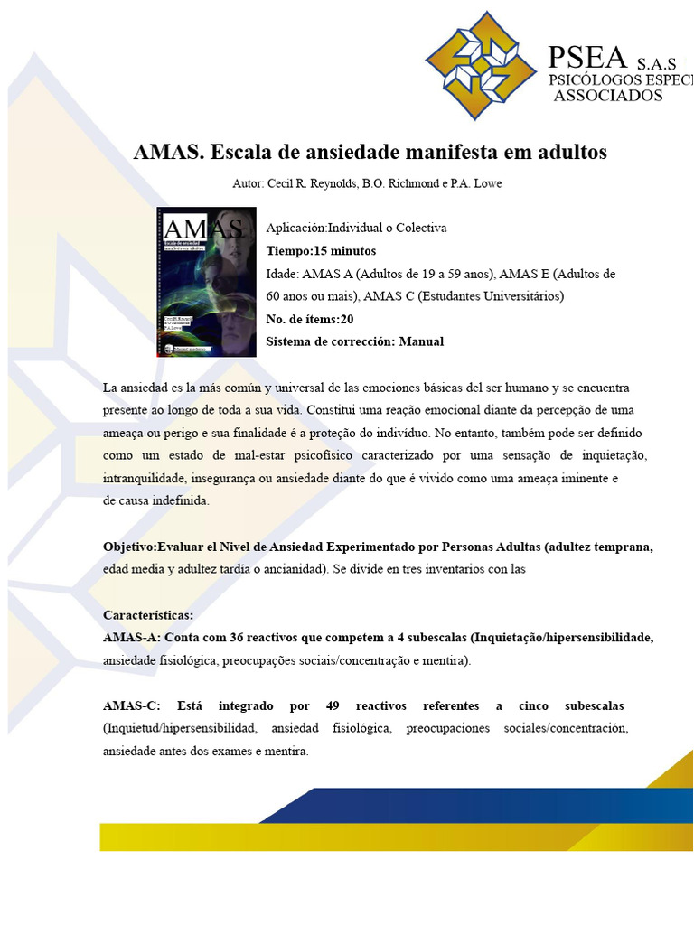 Escala AMAS: Avaliação da Ansiedade em Adultos | PDF