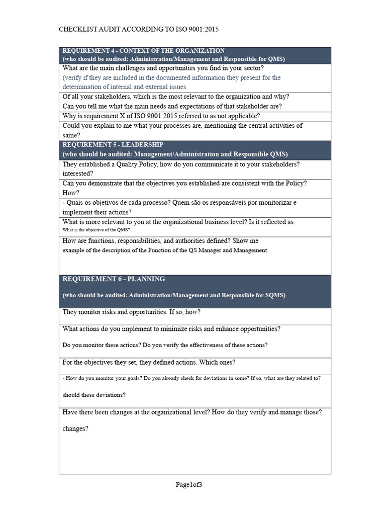 ISO 9001:2015 Audit Checklist Guide | PDF | Audit | Quality Management ...