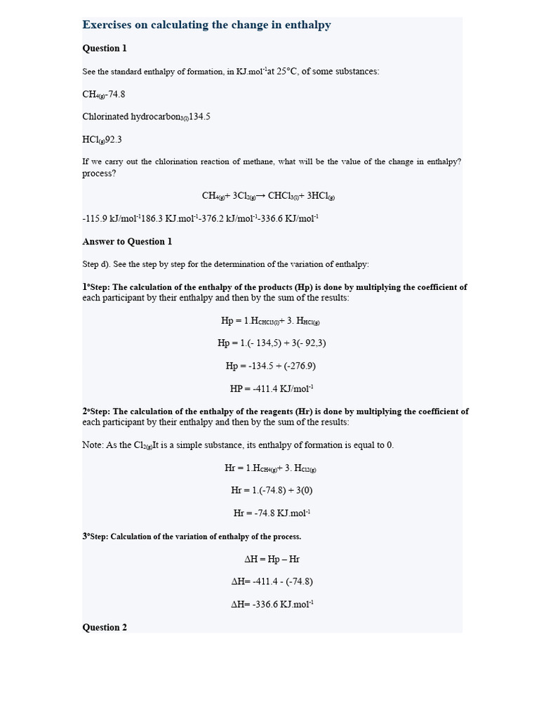 Enthalpy Change Calculation Exercises | PDF | Enthalpy | Physical Sciences