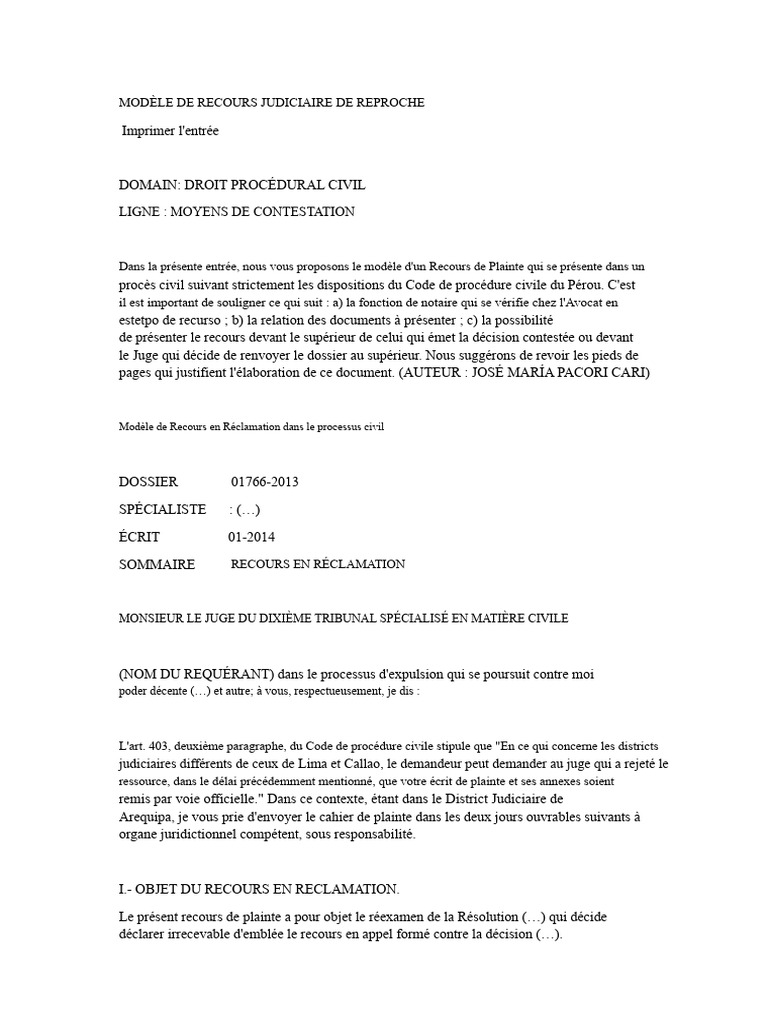 Modèle de Recours en Réclamation Civil | PDF | Loi publique | Justice