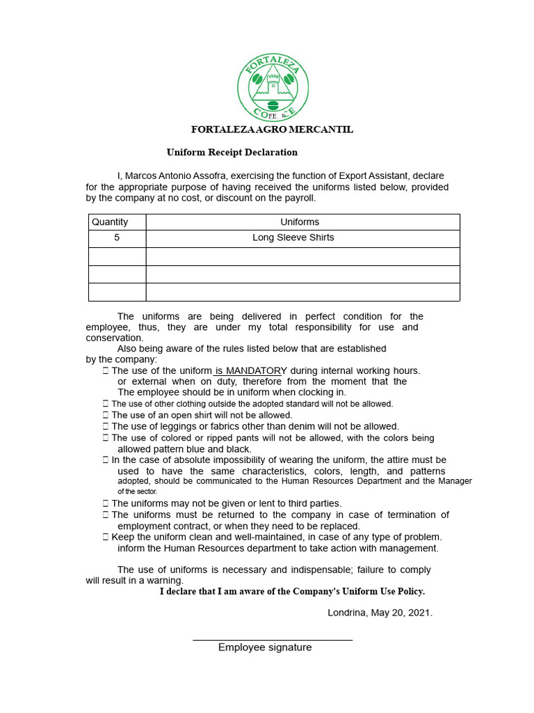 Uniform Receipt Declaration Template | PDF