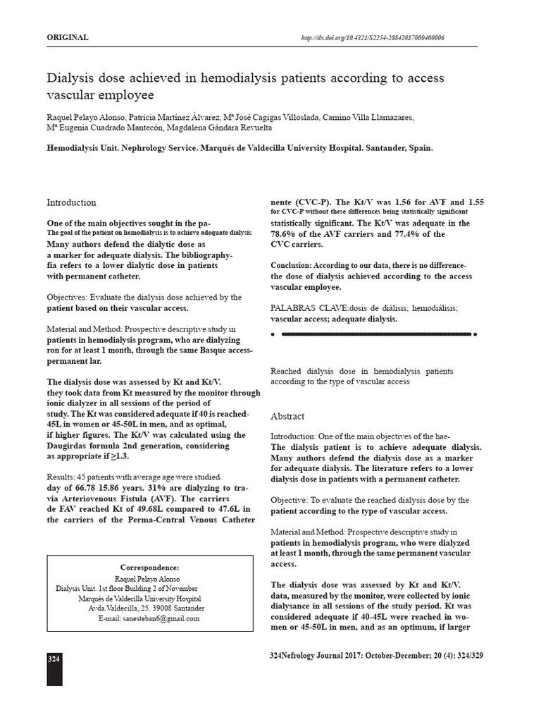 Dialysis Dose in Hemodialysis Patients by Access Type | PDF ...