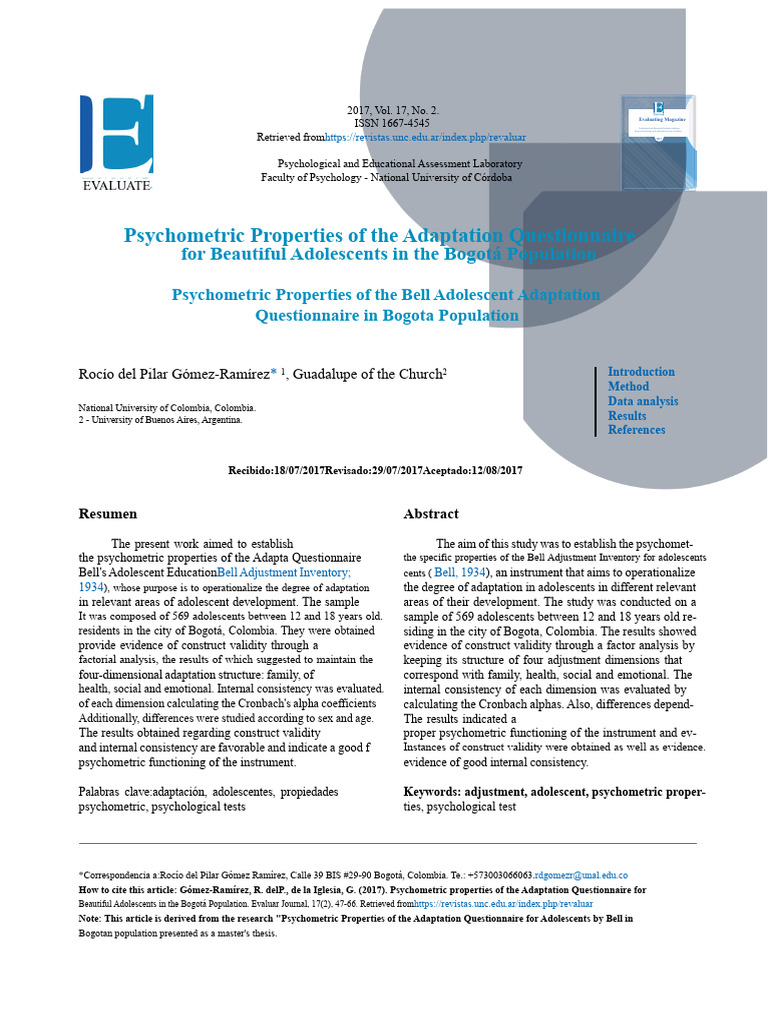 Psychometric Properties of Adolescent Adaptation Questionnaire | PDF ...