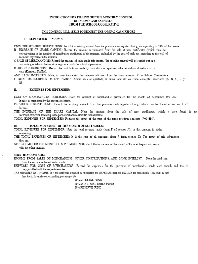 Monthly Control of Income and Expenses of The School Cooperative | PDF ...