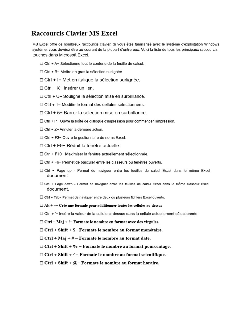 Raccourcis Clavier Essentiels Excel PDF Microsoft Excel Contrôle — free download