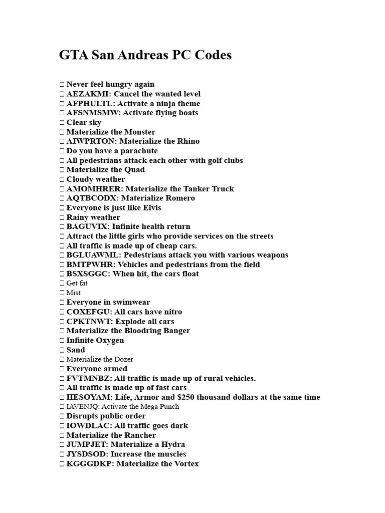 GTA San Andreas PC Cheat Codes List | PDF | Vehicles
