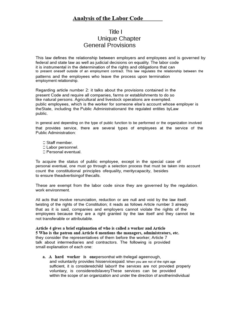 Analysis of articles 2 to 126 of the Labor Code of Honduras. | PDF ...