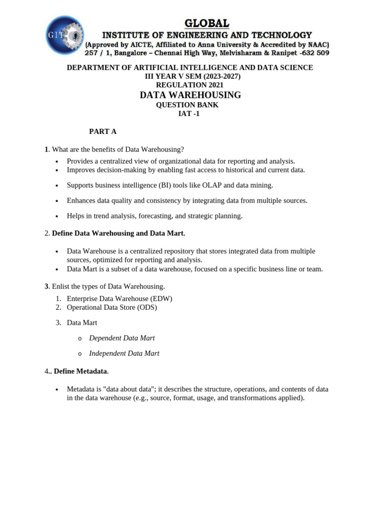 Data Warehousing Question Bank 2023 | PDF | Data Warehouse | Computer ...