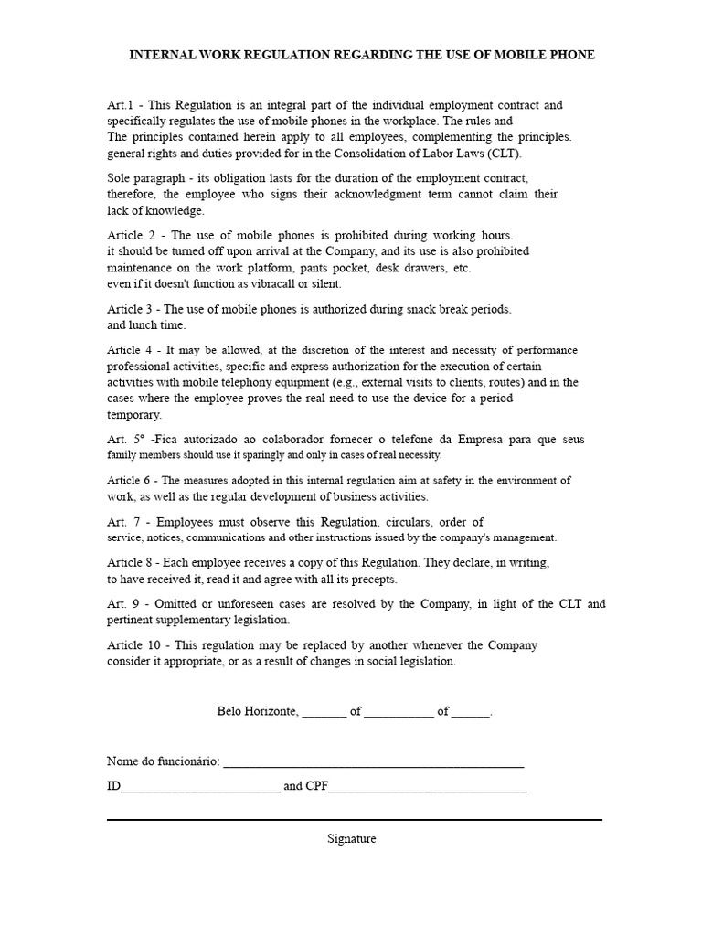 INTERNAL WORK REGULATIONS REGARDING THE USE OF CELL PHONES | PDF ...