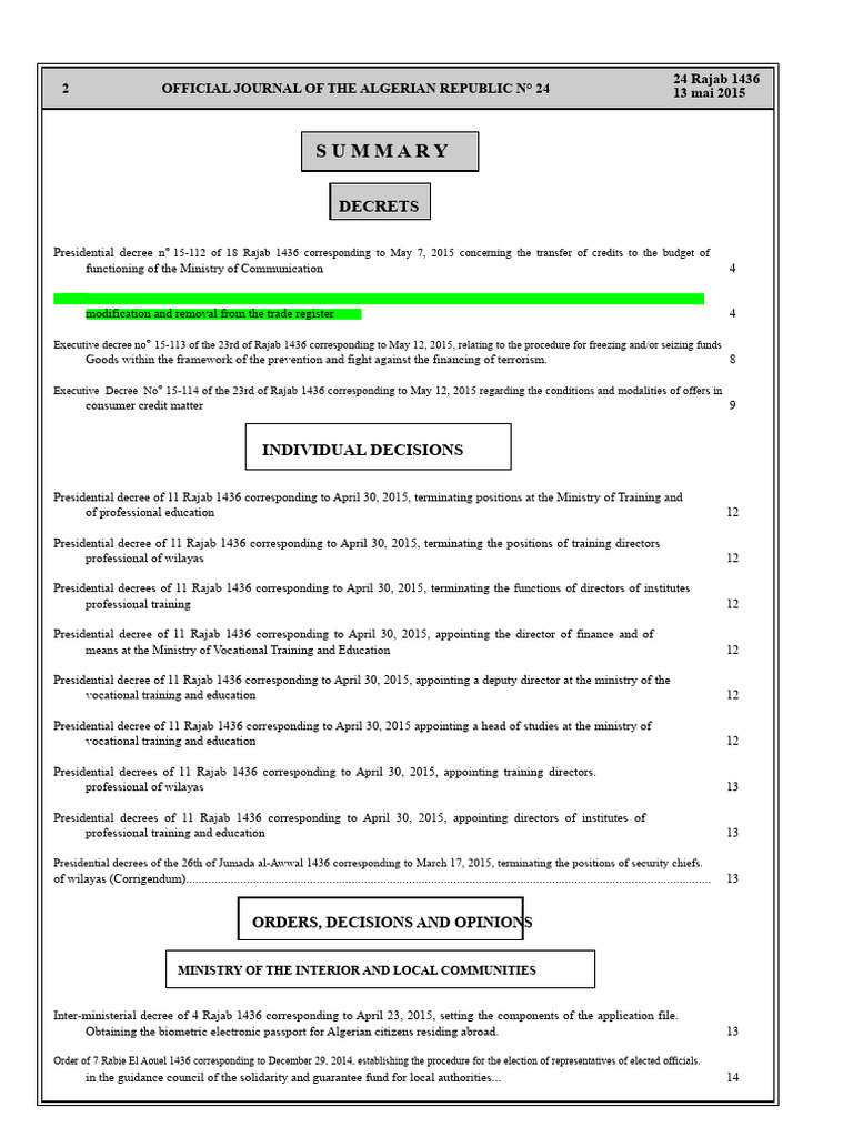 Algerian Presidential Decrees Summary | PDF | Decree | Lease