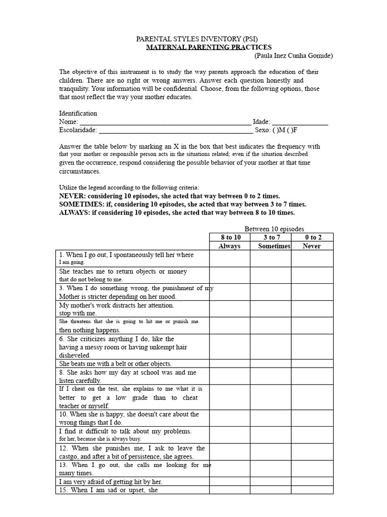 Parental Styles Inventory Questionnaire | PDF | Parenting | Behavioural ...