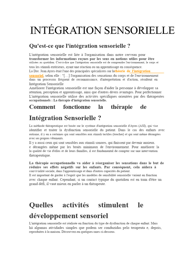 Intégration sensorielle : théorie et pratique | Science Intégration sensorielle : théorie et pratique | Science