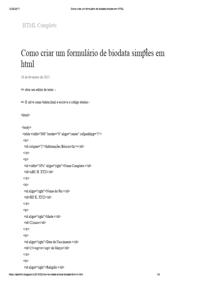 Formulário de Biodata em HTML Simples | PDF | Comunicação técnica ...