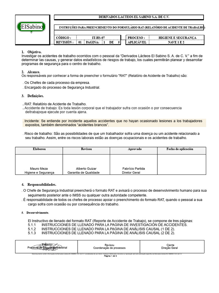 Instruções para Preenchimento do RAT | PDF