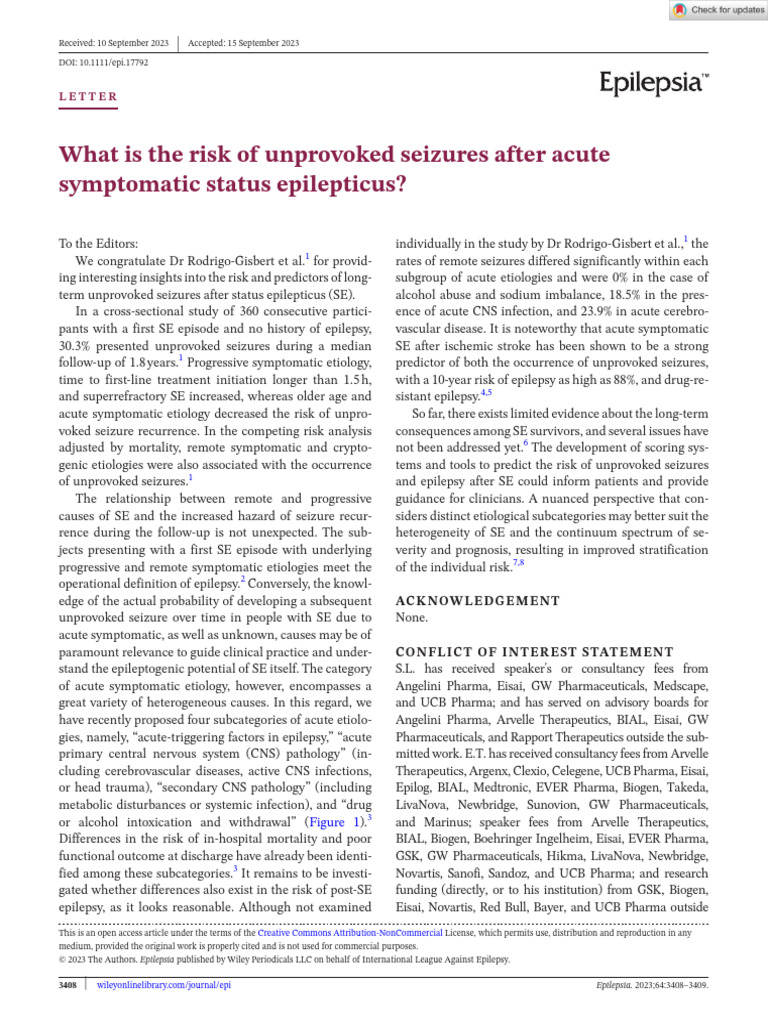 Unprovoked Seizures Post Status Epilepticus | PDF | Epilepsy ...