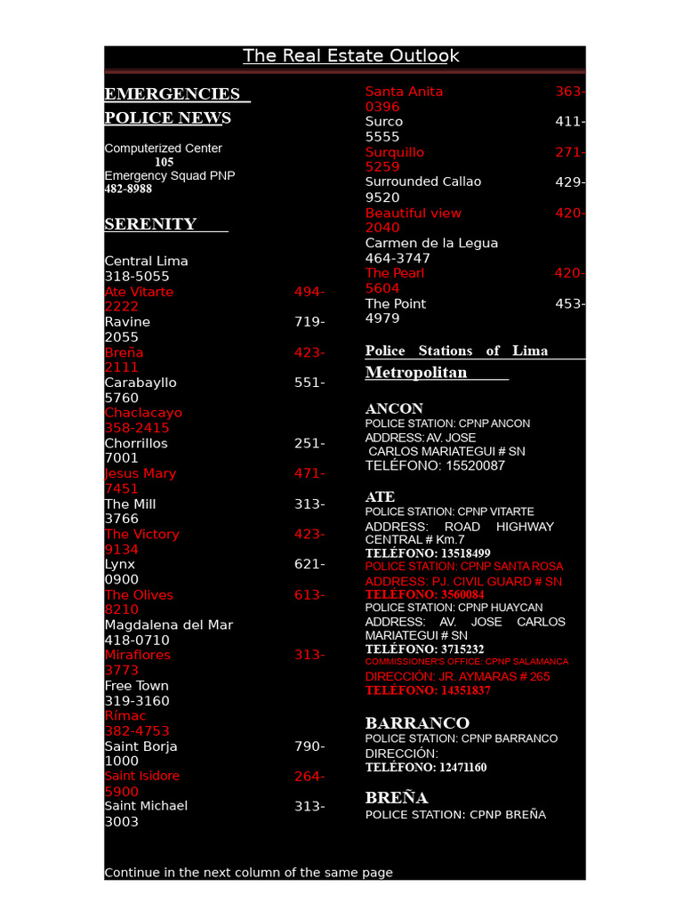 Serenazgo and Police Station Numbers in Lima | PDF