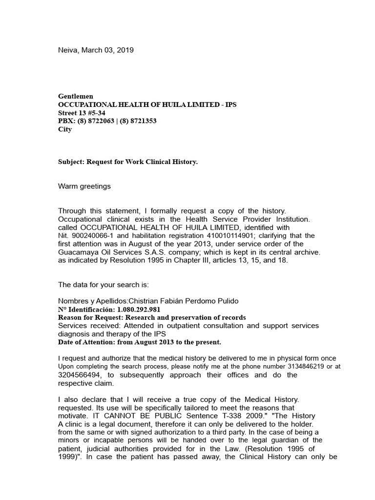 Request for Occupational Health Records | PDF | Medicine | Health Care