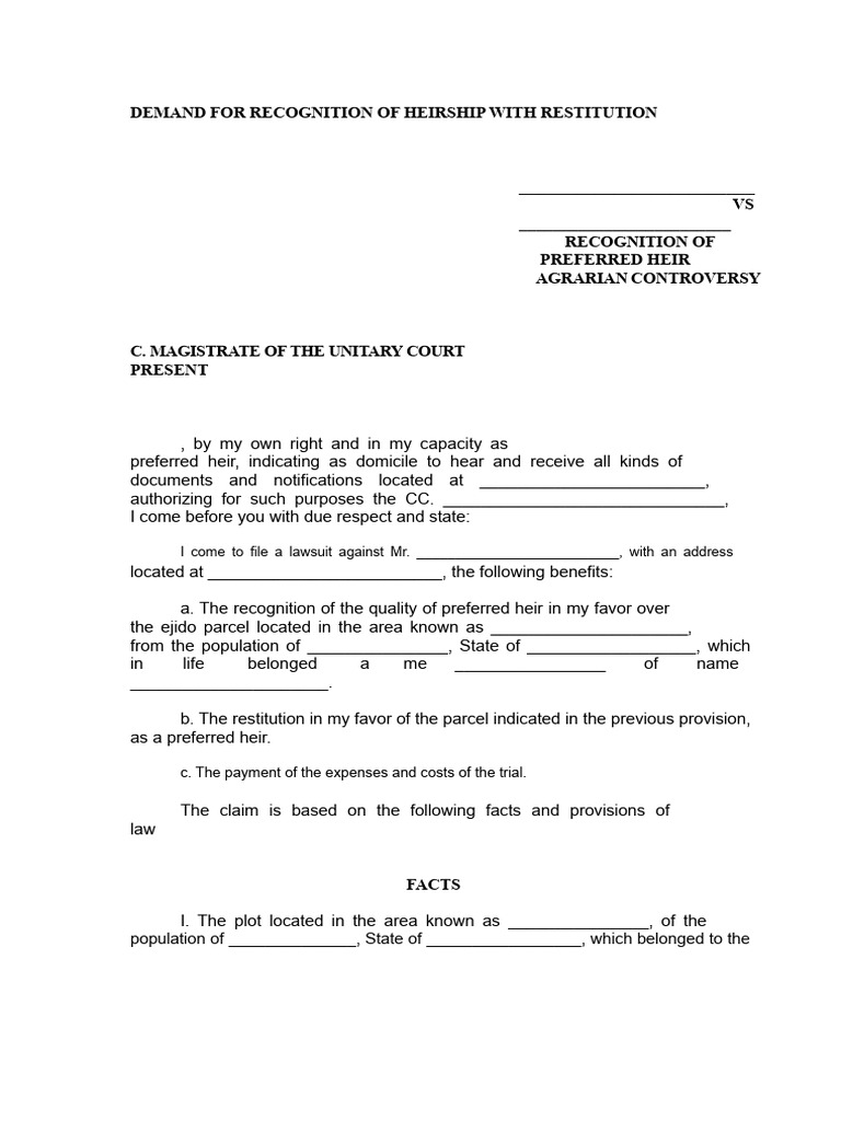 Claim For Recognition of Heir With Restitution | PDF | Complaint ...
