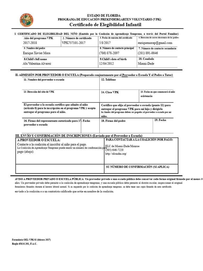 Certificado de Elegibilidad VPK Florida | PDF