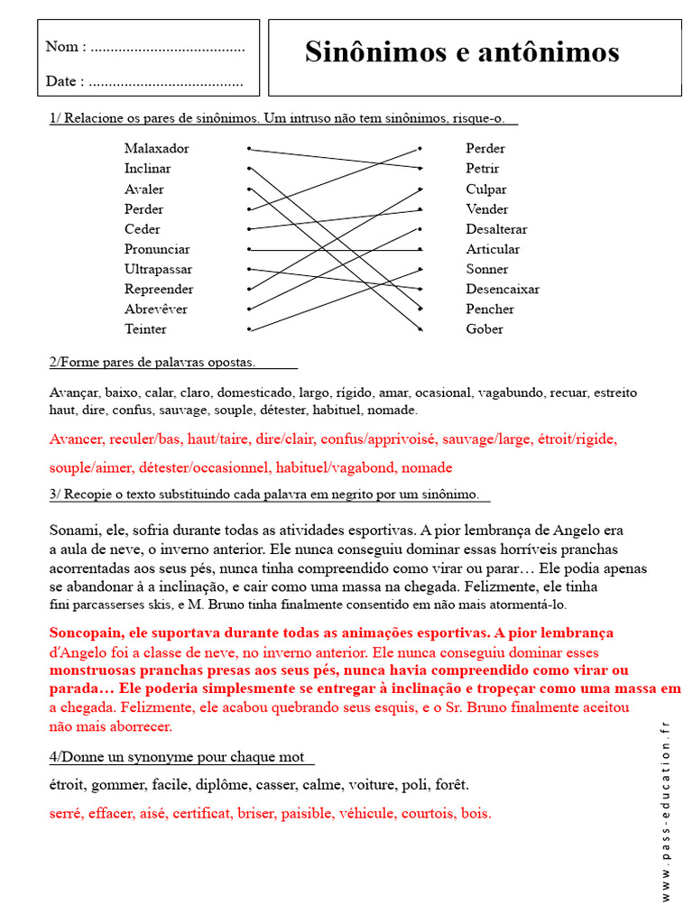 Sinônimos e Antônimos: Exercícios Práticos | PDF