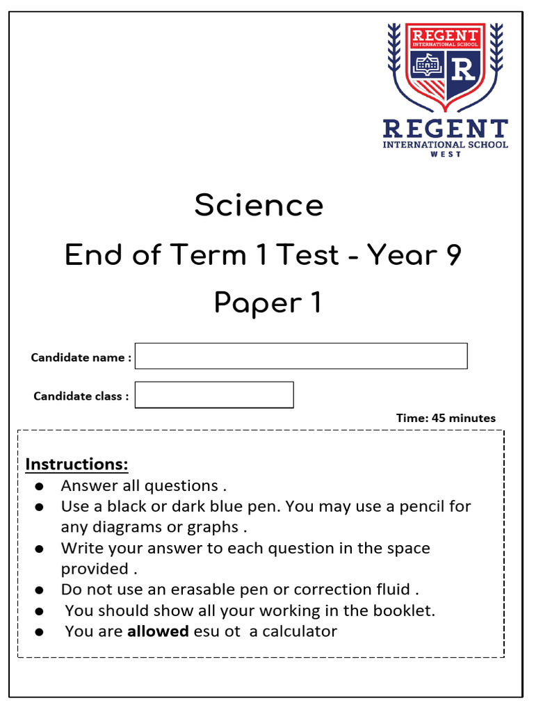 Year 9 Science Test Paper 1 | PDF