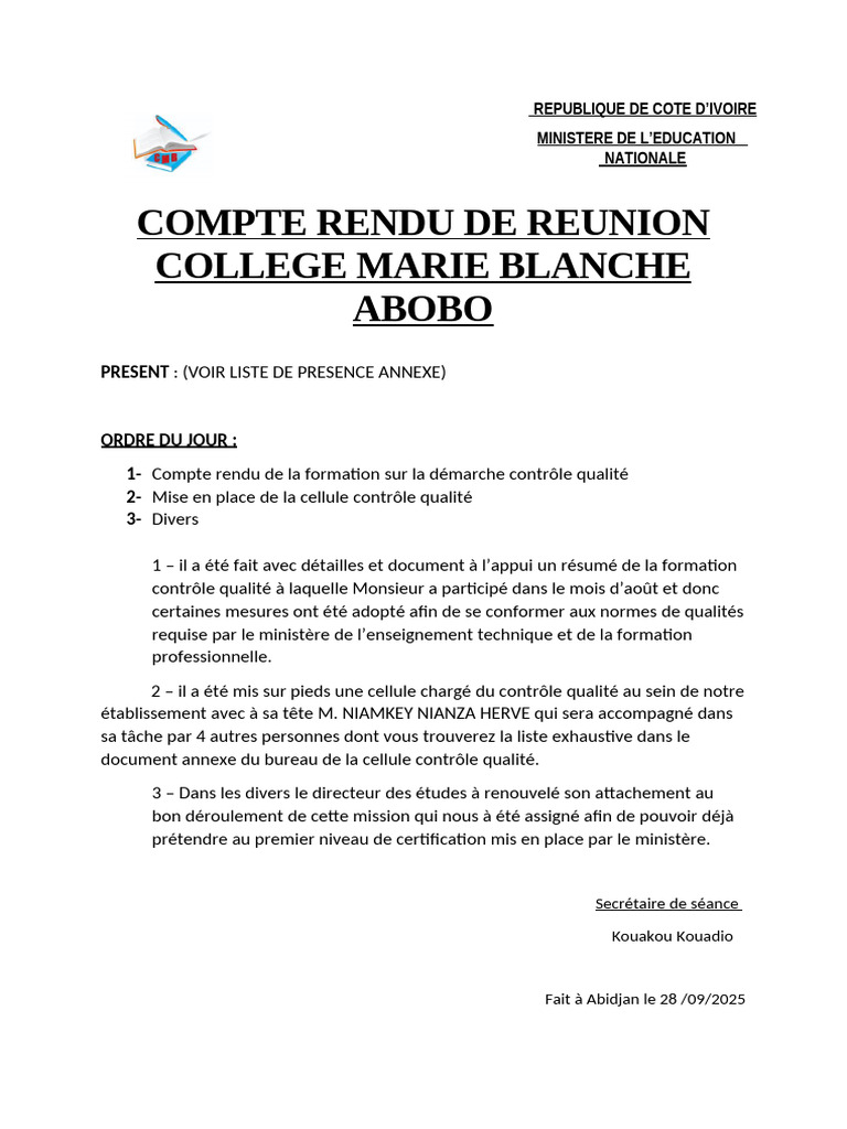 Compte Rendu Réunion Contrôle Qualité | PDF