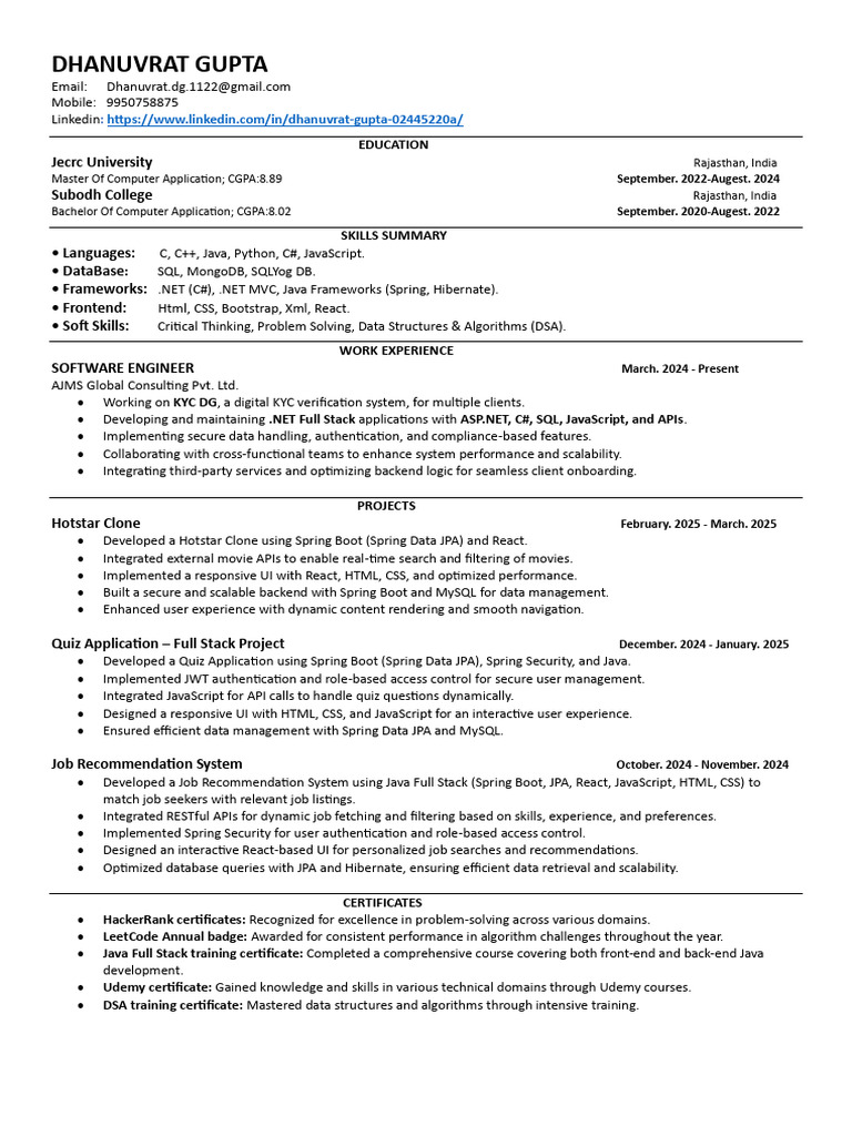 Dhanuvrat Gupta: Software Engineer Resume | PDF | Java (Programming ...