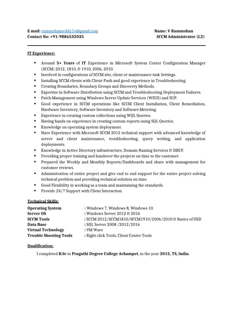 SCCM Administrator Resume - V Rammohan | PDF | Databases | Operating ...