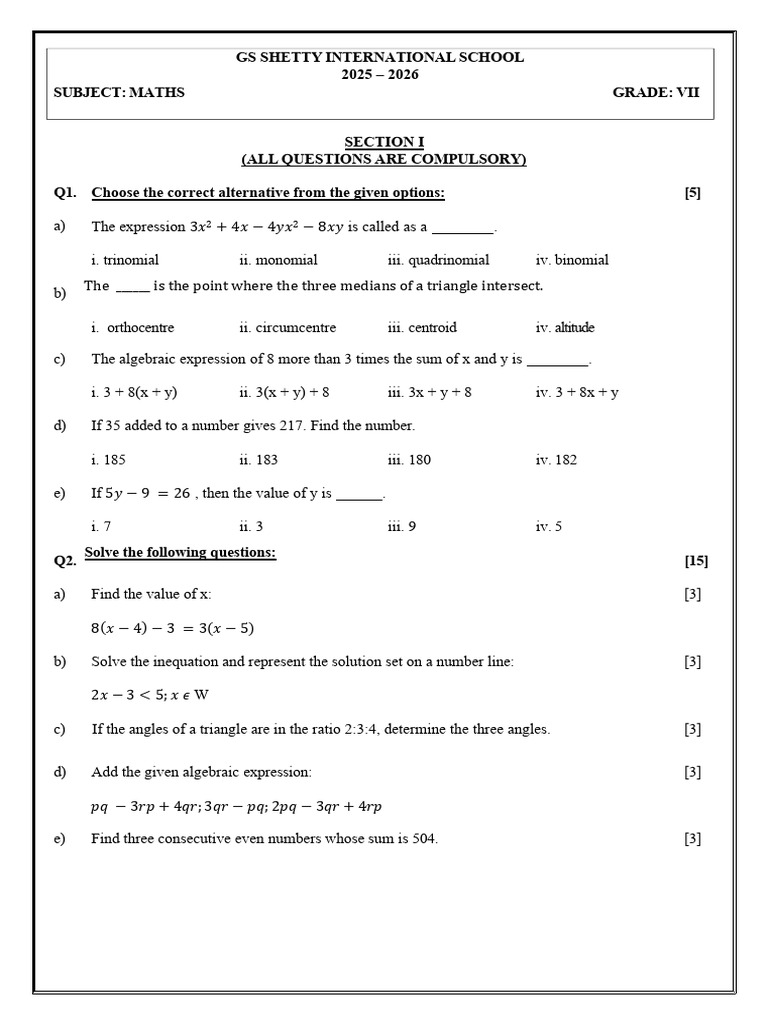 Math Questions for Grade VII Students | PDF | Algebra | Triangle Geometry