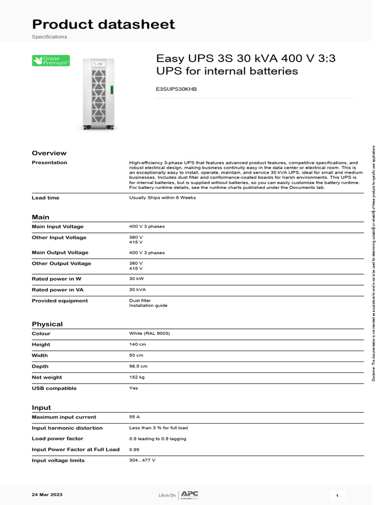 Easy UPS 3S 30 kVA Specifications | PDF | Mains Electricity | Power ...