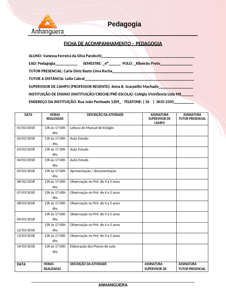 Ficha de Acompanhamento Pedagógico | PDF | Aprendizado