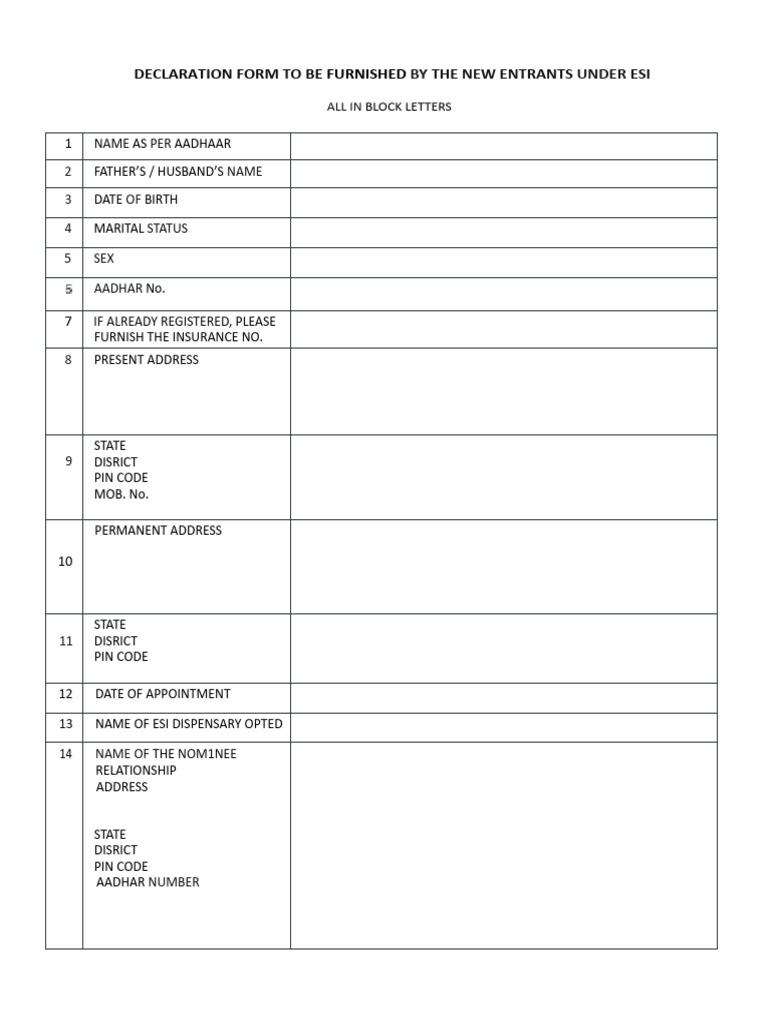 ESI Registration Declaration Form | PDF