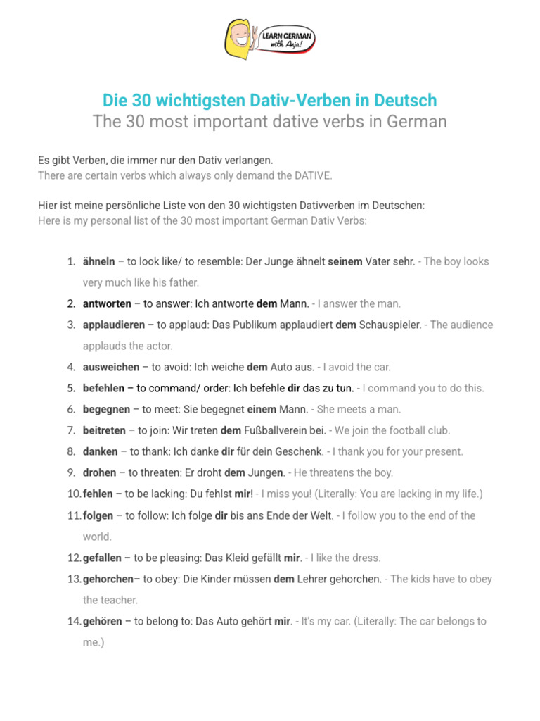 The 30 Most Important German Dative Verbs | PDF