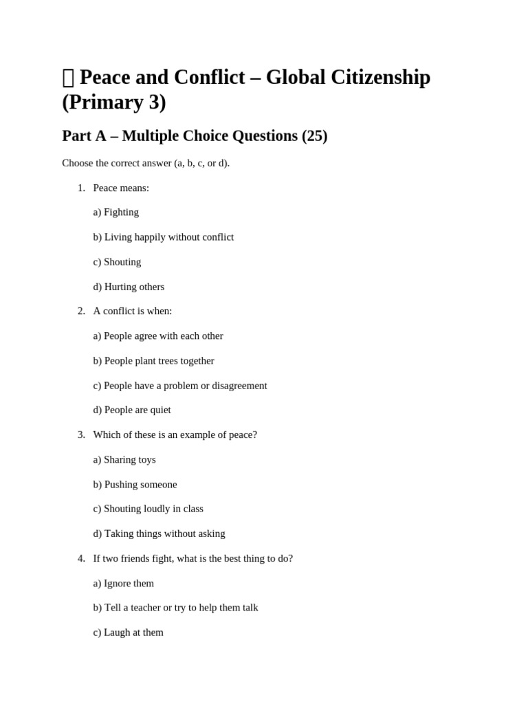 Peace and Conflict: Primary 3 Quiz | PDF