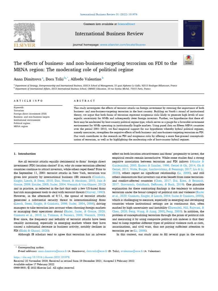 Terrorism's Impact on FDI in MENA Region | PDF | Risk | Foreign Direct ...