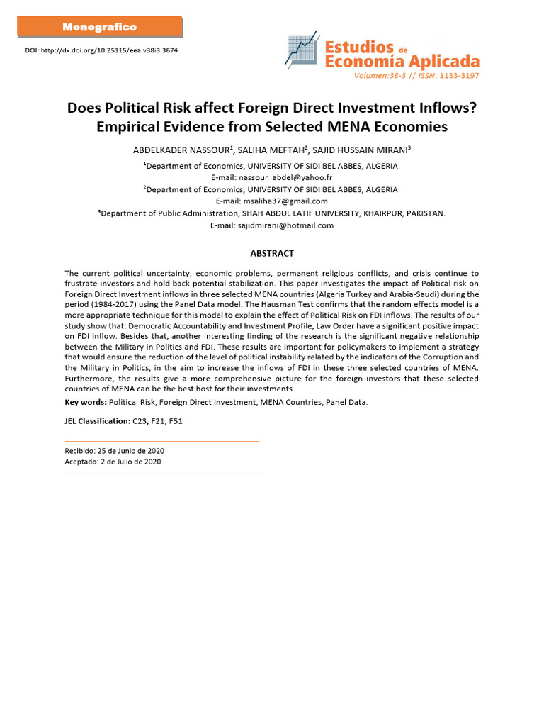Political Risk and FDI in MENA Economies | PDF | Fixed Effects Model ...