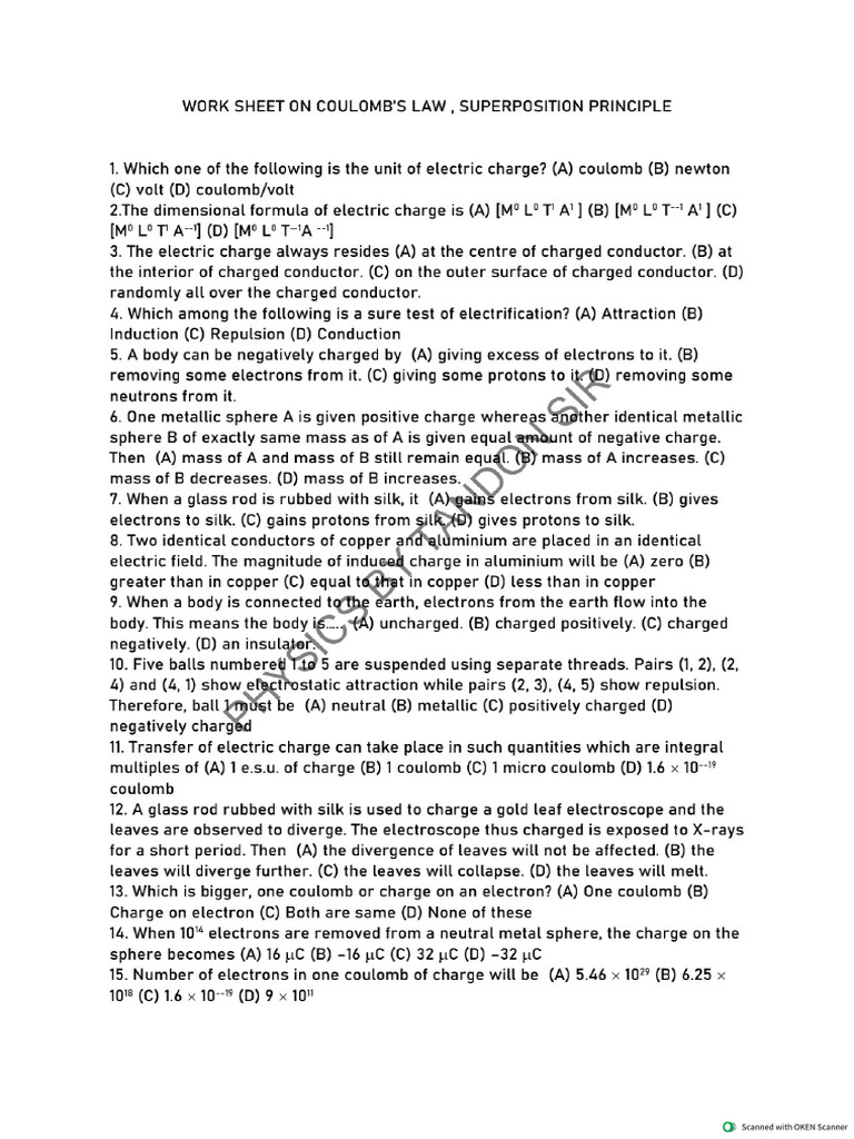 Work Sheet on Coulomb s Law ,Superposition Principle | PDF