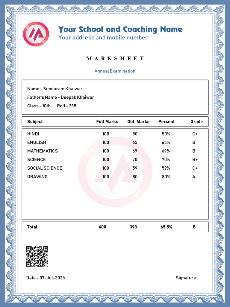 Class 10 Annual Exam Marksheet | PDF