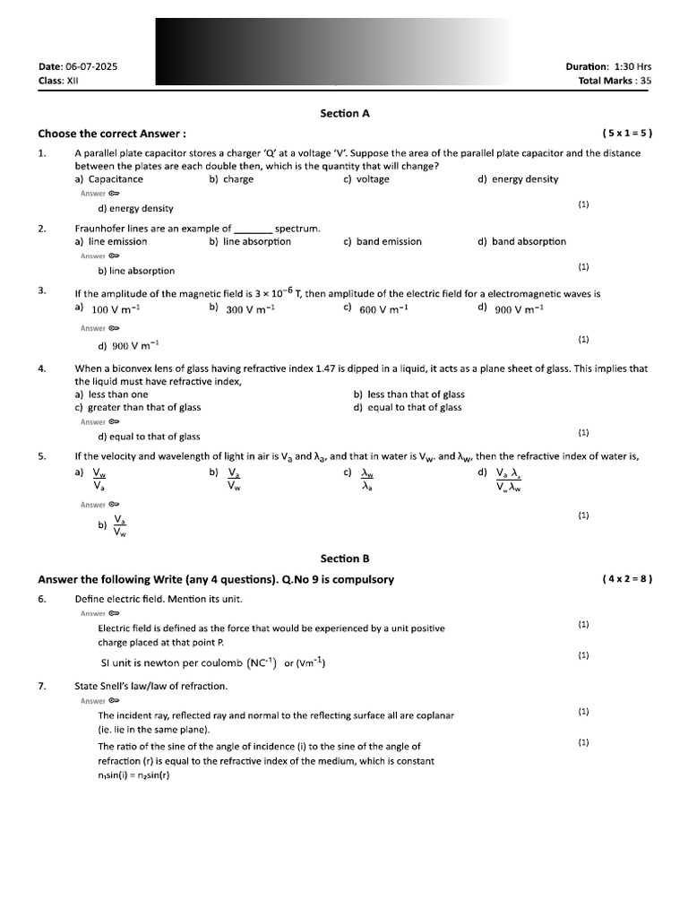 G12_Physics Question Paper With AK | PDF