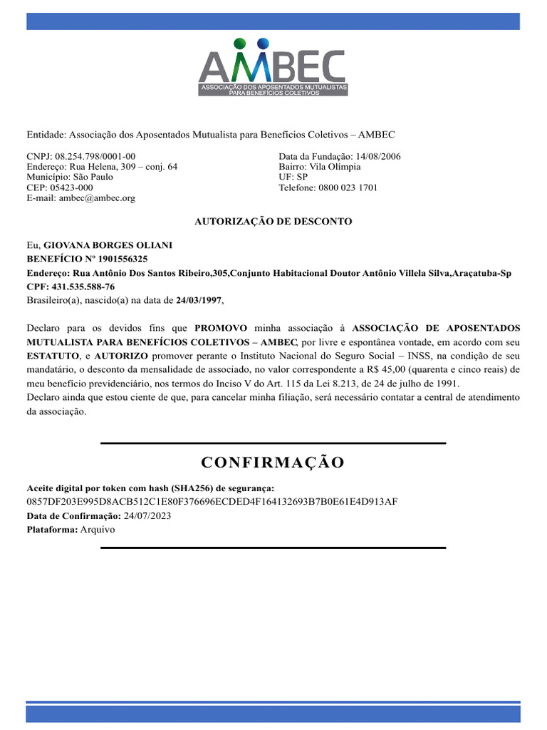 Autorização de Desconto AMBEC 2023 | PDF