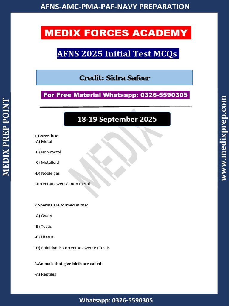 AFNS 2025 Initial Test MCQs Guide | PDF | Mass | Part Of Speech